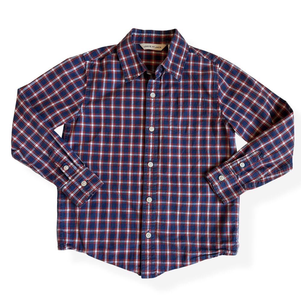 Janie and Jack Cotton Plaid Button Down Navy Orange 5